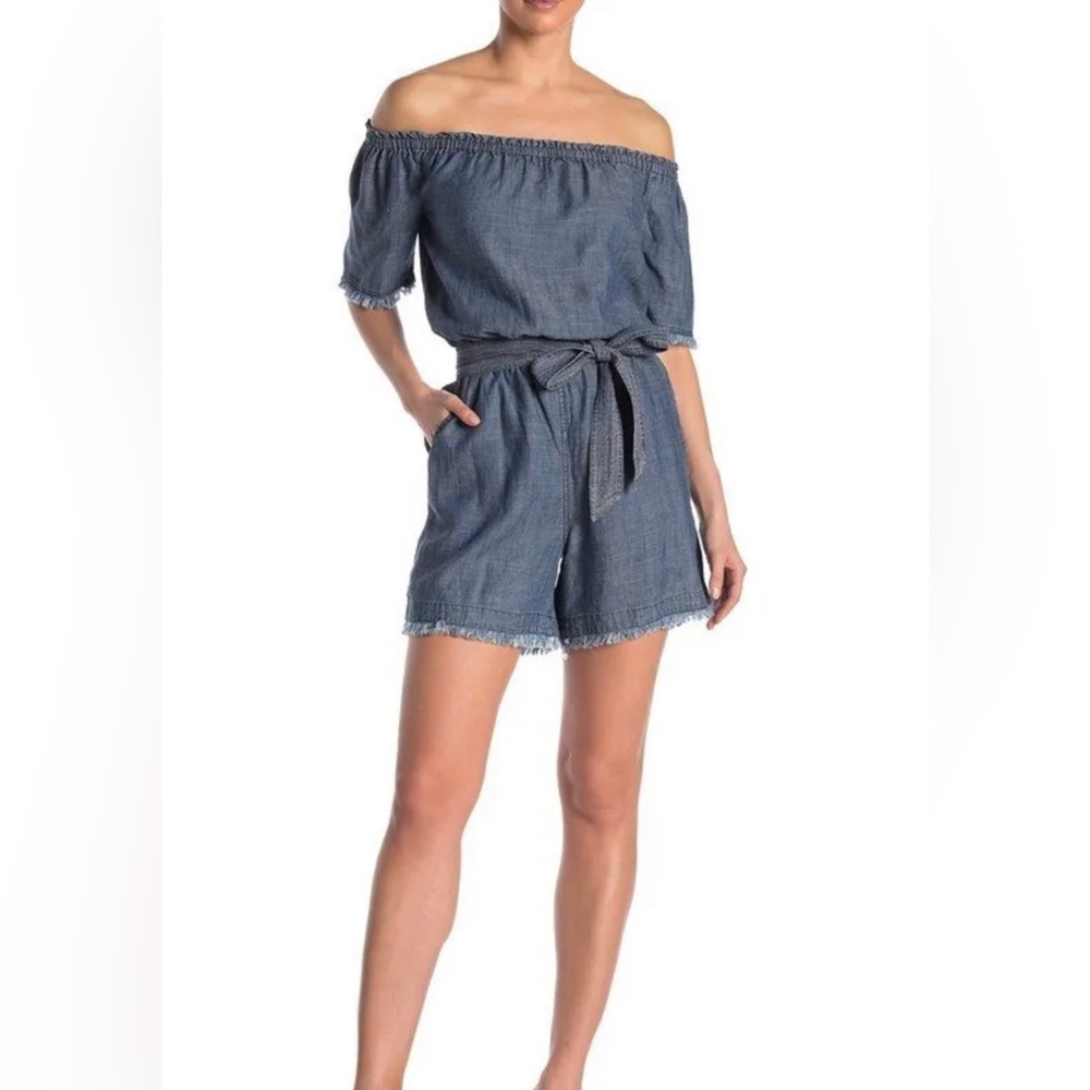 Trina Turk key chambray denim off the shoulder belted gray hem romper